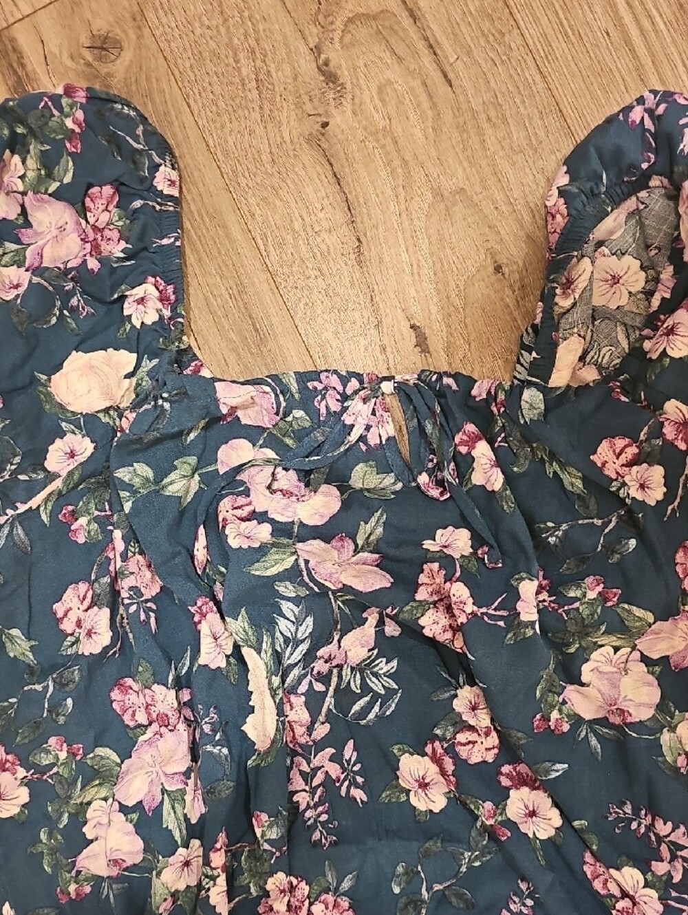 Women's Teal Floral Tie-Neck Blouse - Picture 5 of 7
